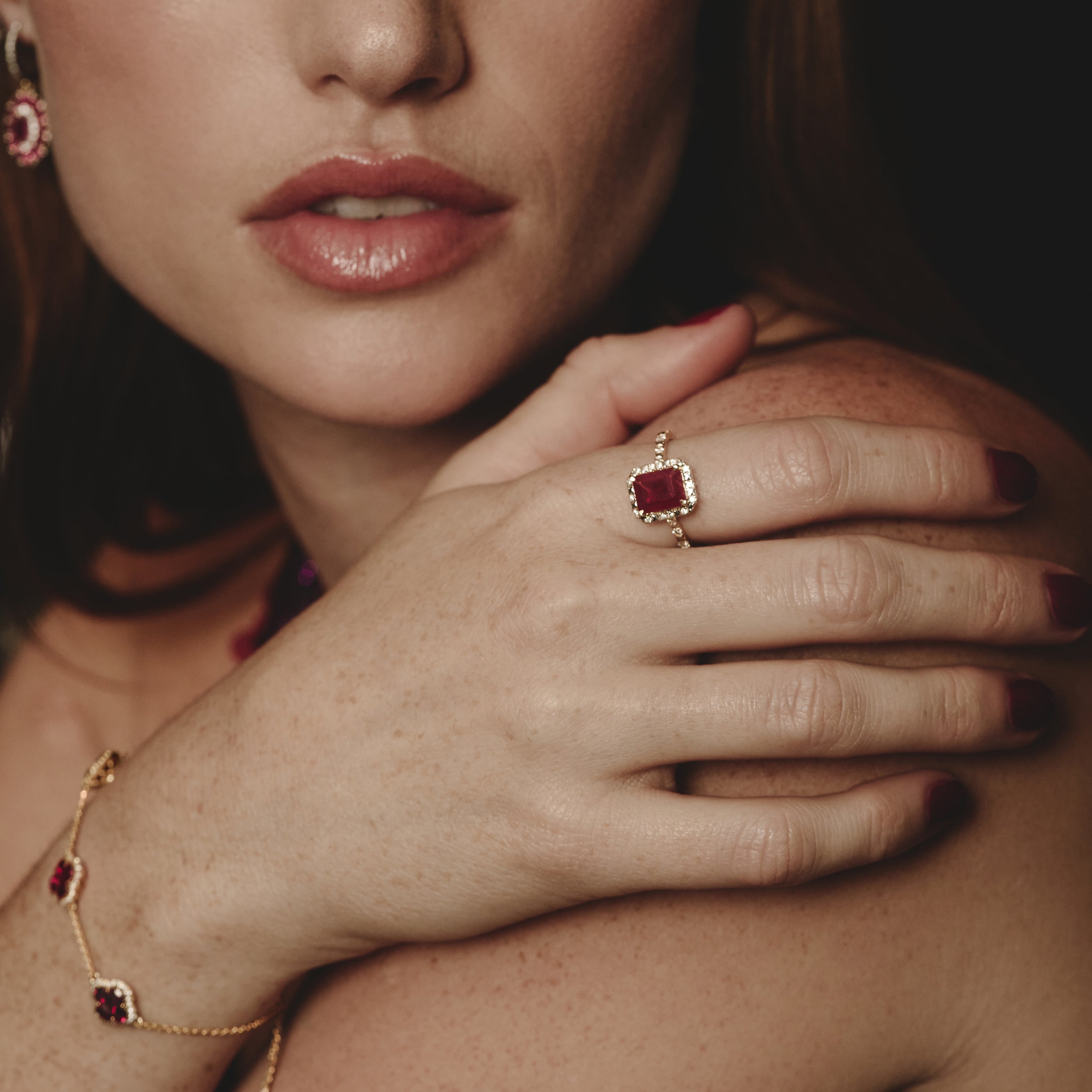 Astra 1.90ct Lab Ruby and Diamond Halo Shoulder Set Octagon Cut Ring in 18K Gold Vermeil